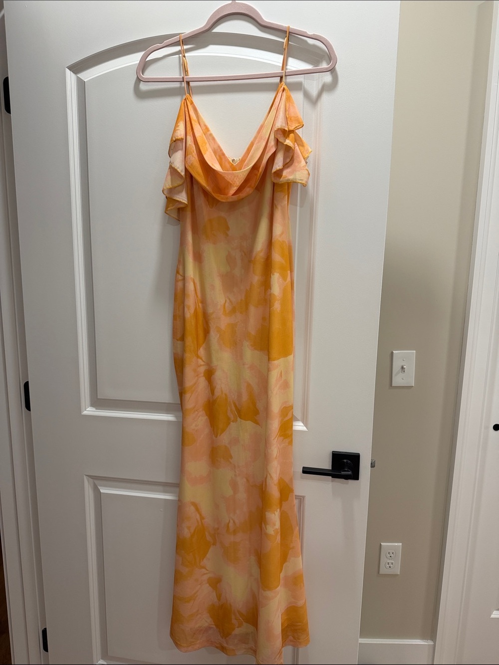 Flowing Orange-Peach Maxi Dress with Draped Neckline